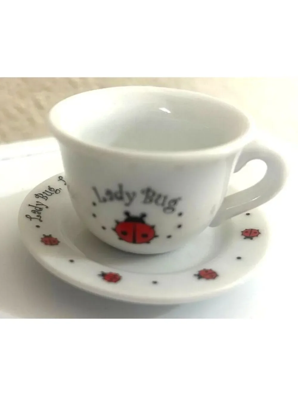 Ladybug Miniature Tea Set Wicker Basket Teapot Cups Saucers Flatware Picnic Set